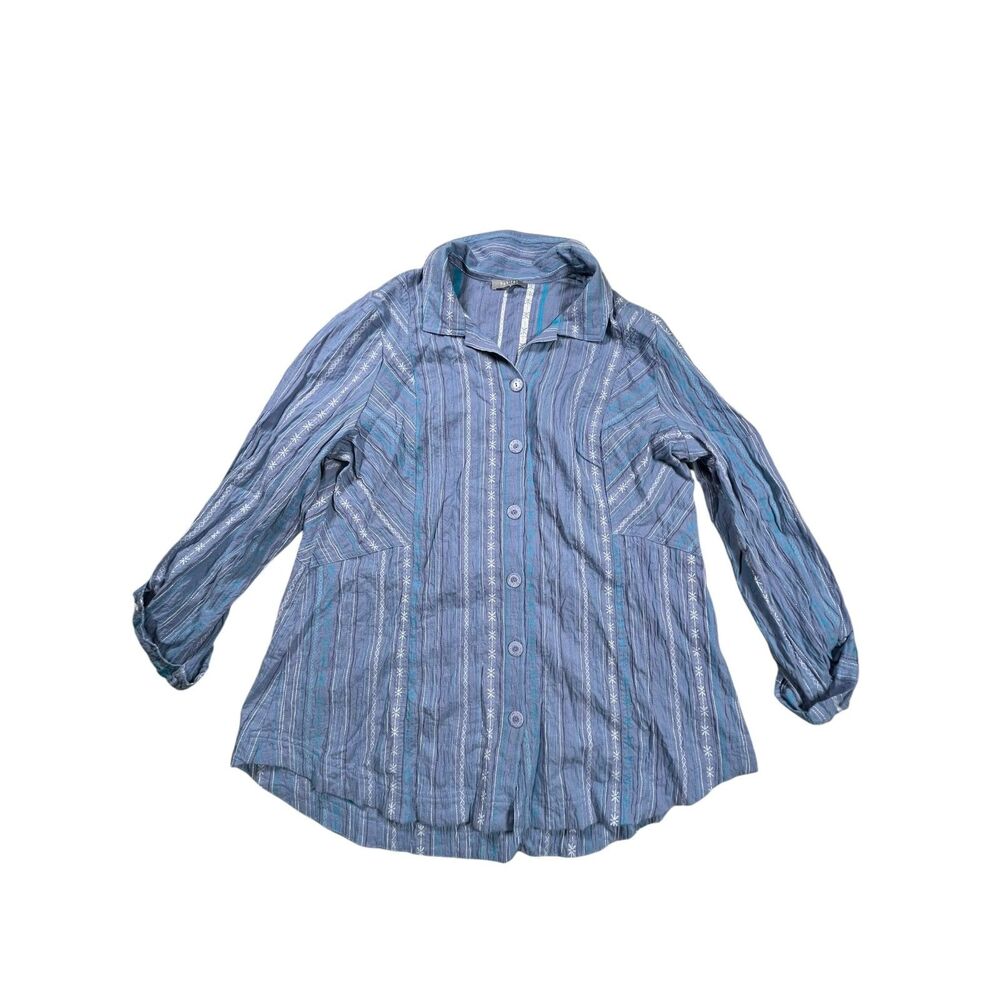 Habitat Button Up Shirt Women Large Blue Striped Cotton Stretch Top